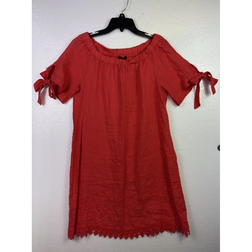 Linen Dress Lungo L' Arno Italy Womens Sz L Red Tie sleeve Lace Boho Beach NWT - Picture 1 of 11